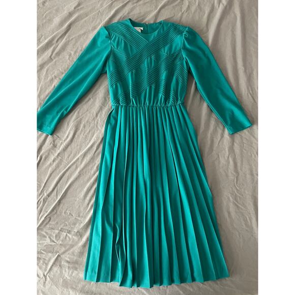 Vintage 1980s 70s Jade Long Sleeve Dress midi pleated bottom SZ 10 - Picture 1 of 9